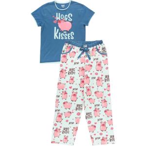 imageLazy One Womens Pajama Set Short Sleeves with Cute Prints Relaxed FitBlue Hogs  Kisses Pj Set