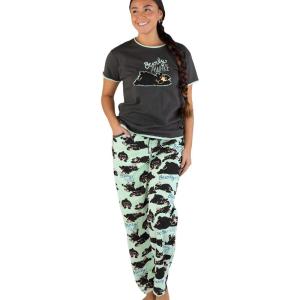 imageLazy One Womens Pajama Set Short Sleeves with Cute Prints Relaxed Fit Bear and Moose PrintsBeary Awake Grey Pajama Set