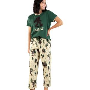 imageLazy One Womens Pajama Set Short Sleeves with Cute Prints Relaxed Fit Bear and Moose PrintsBelieve Bigfoot Pajama Set