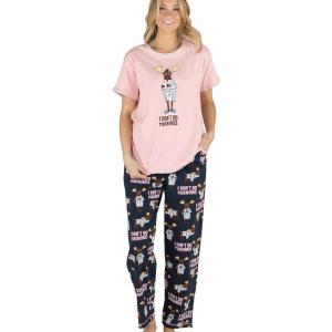 imageLazy One Womens Pajama Set Short Sleeves with Cute Prints Relaxed Fit Bear and Moose PrintsDont Do Mornings Moose Pink Pj Set