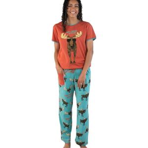 imageLazy One Womens Pajama Set Short Sleeves with Cute Prints Relaxed Fit Bear and Moose PrintsDont Moose Pajama Set