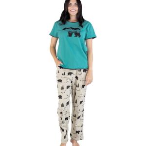 imageLazy One Womens Pajama Set Short Sleeves with Cute Prints Relaxed Fit Bear and Moose PrintsMountain Bear Pajama Set