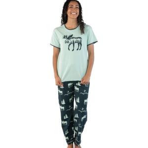 imageLazy One Womens Pajama Set Short Sleeves with Cute Prints Relaxed Fit Bear and Moose PrintsMountain Moose Pajama Set