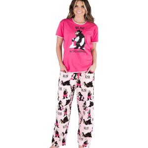 imageLazy One Womens Pajama Set Short Sleeves with Cute Prints Relaxed Fit Bear and Moose PrintsPink Bear in the Morning Pajama Set