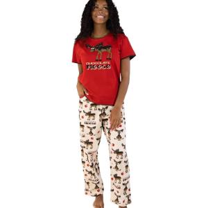 imageLazy One Womens Pajama Set Short Sleeves with Cute Prints Relaxed Fit Bear and Moose PrintsRed Chocolate Moose Pajama Set