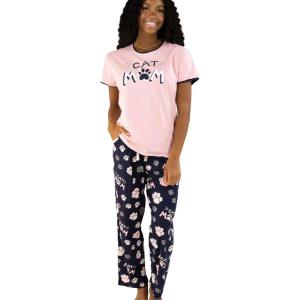imageLazy One Womens Pajama Set Short Sleeves with Cute Prints Relaxed Fit Dog and Cat PrintsCat Mom Pajama Set