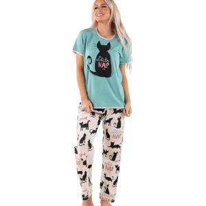 imageLazy One Womens Pajama Set Short Sleeves with Cute Prints Relaxed Fit Dog and Cat PrintsCat Nap Blue Pajama Set