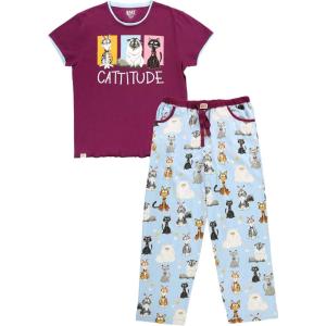 imageLazy One Womens Pajama Set Short Sleeves with Cute Prints Relaxed Fit Dog and Cat PrintsCatitude Purple Pajama Set