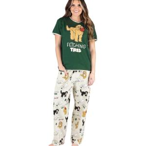 imageLazy One Womens Pajama Set Short Sleeves with Cute Prints Relaxed Fit Dog and Cat PrintsGreen Fetching Tired Pajama Set