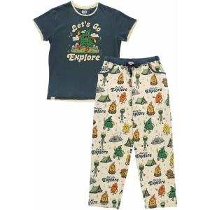 imageLazy One Womens Pajama Set Short Sleeves with Cute Prints Relaxed Fit Dog and Cat PrintsVintage Camping Pajama Set