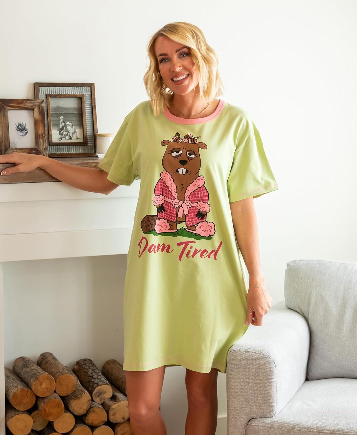 imageLazy One Nightshirts for Women Cute Nightgown for Women Animal DesignsDam Tired Beaver Nightshirt