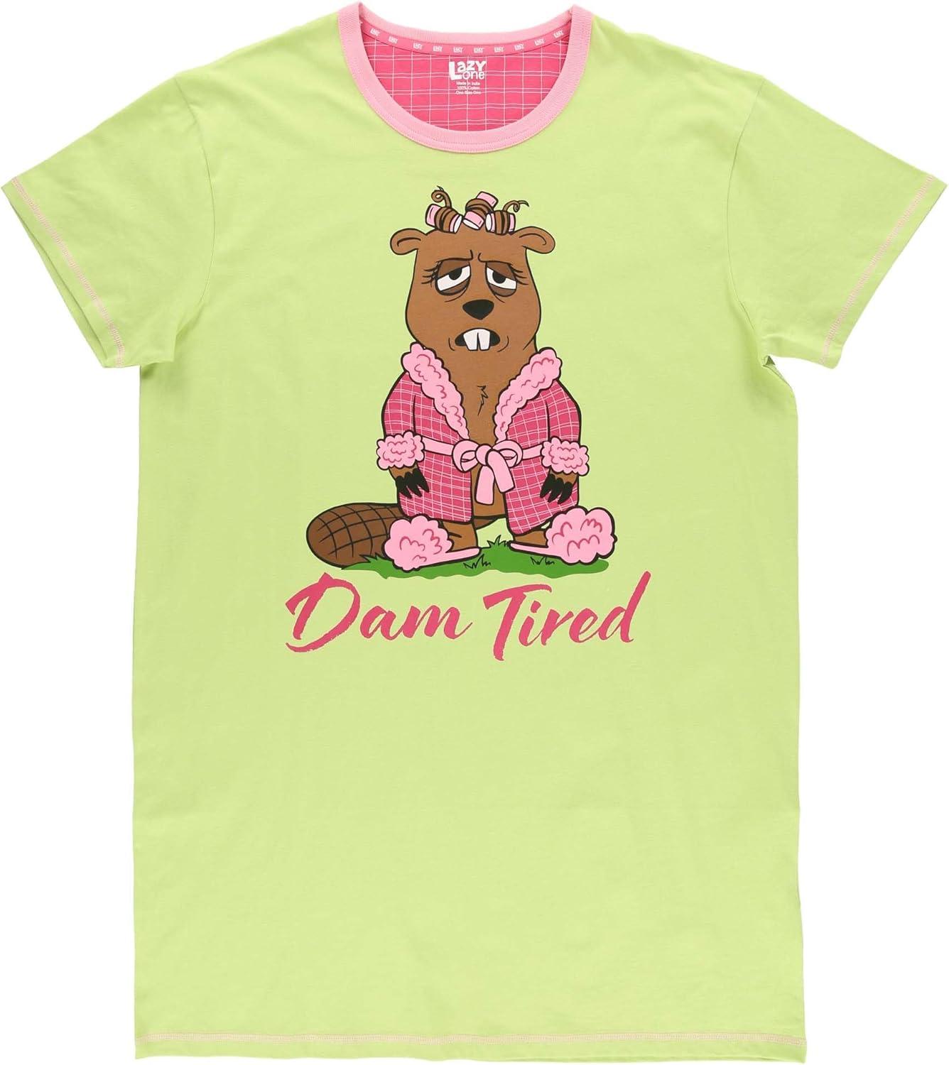 imageLazy One Nightshirts for Women Cute Nightgown for Women Animal DesignsDam Tired Beaver Nightshirt