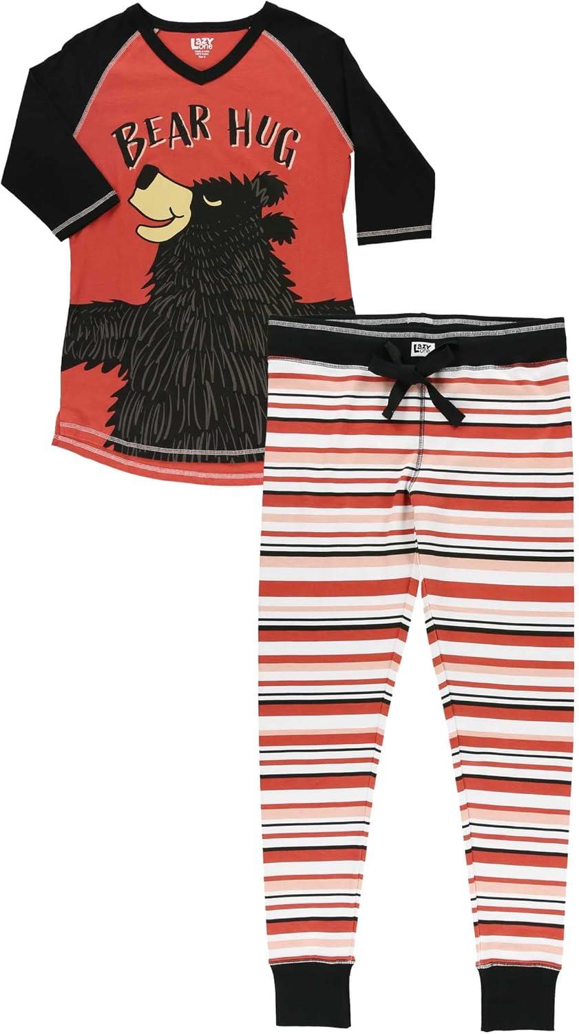 imageLazy One Womens Soft Casual Pajama Leggings and Tall Tee Sets With Cute Fun Prints Cute Womens Pajama SetsBear Hug Pink Red Pajama Set