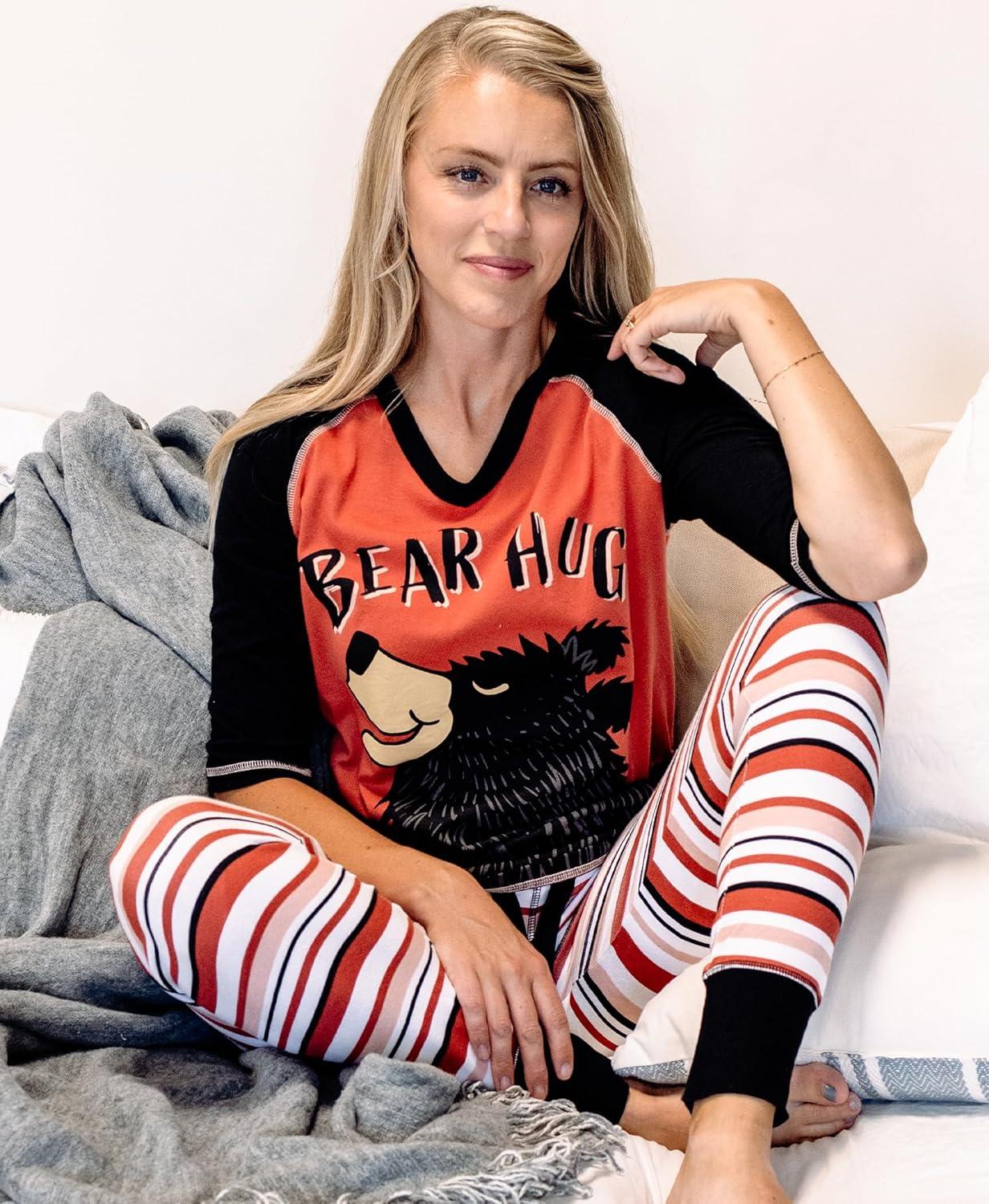 imageLazy One Womens Soft Casual Pajama Leggings and Tall Tee Sets With Cute Fun Prints Cute Womens Pajama SetsBear Hug Pink Red Pajama Set