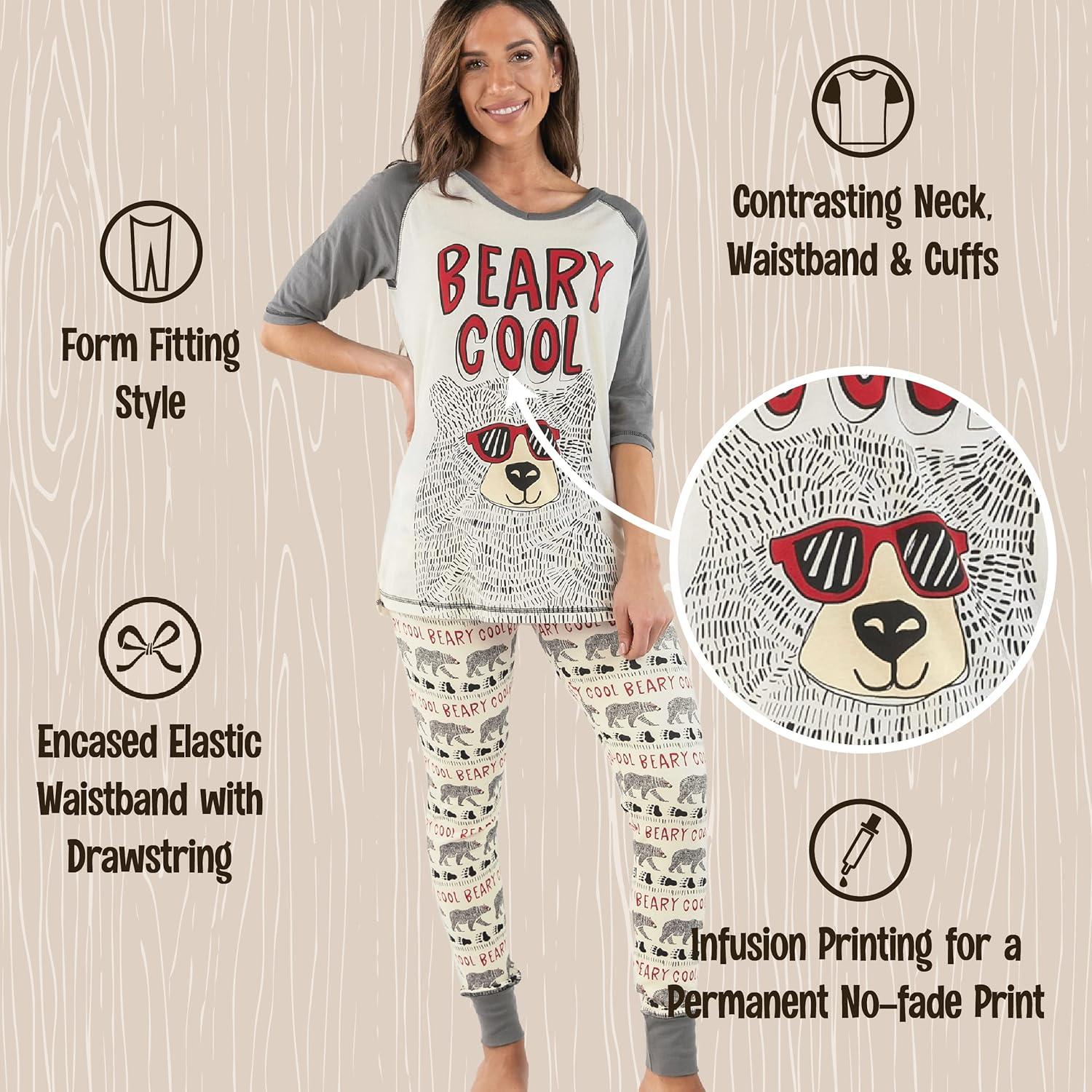 imageLazy One Womens Soft Casual Pajama Leggings and Tall Tee Sets With Cute Fun Prints Cute Womens Pajama SetsBeary Cool Pajama Set
