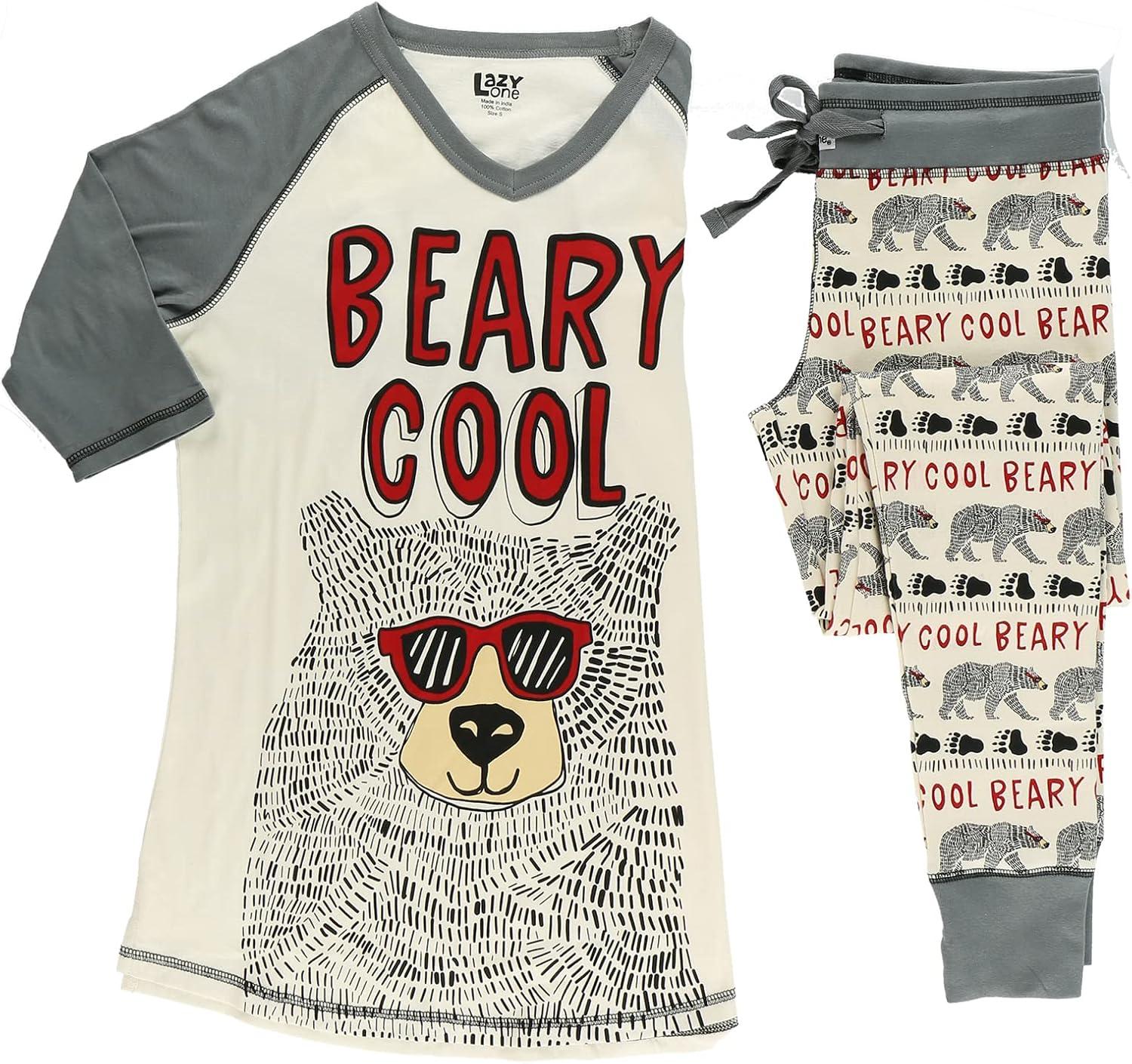 imageLazy One Womens Soft Casual Pajama Leggings and Tall Tee Sets With Cute Fun Prints Cute Womens Pajama SetsBeary Cool Pajama Set