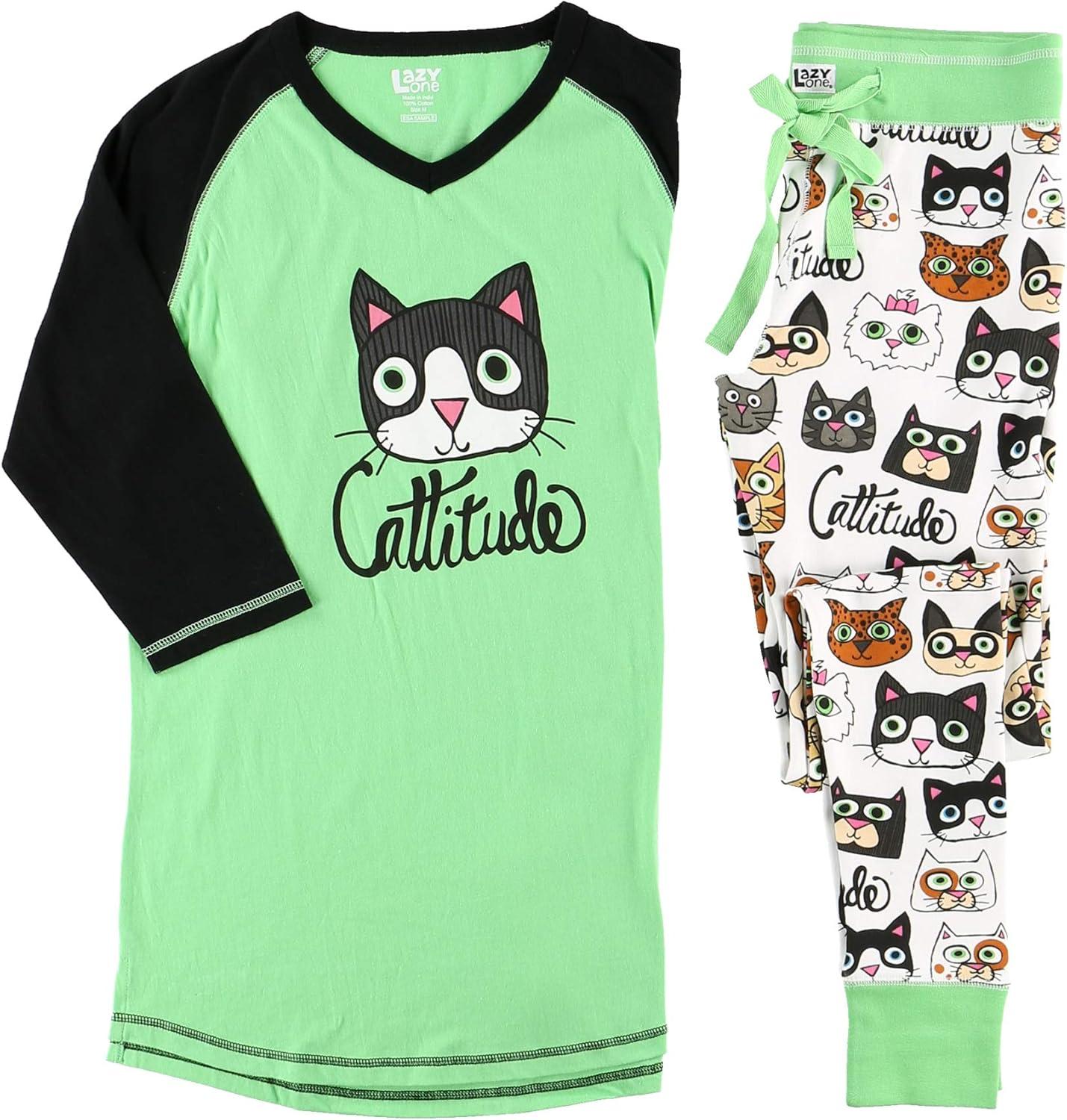 imageLazy One Womens Soft Casual Pajama Leggings and Tall Tee Sets With Cute Fun Prints Cute Womens Pajama SetsCattitude Pajama Set