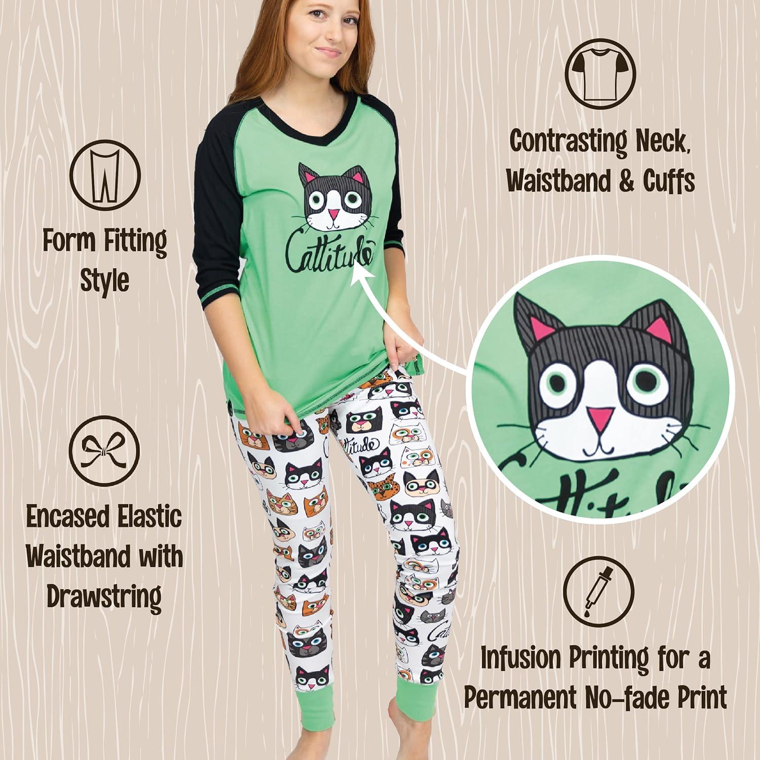 imageLazy One Womens Soft Casual Pajama Leggings and Tall Tee Sets With Cute Fun Prints Cute Womens Pajama SetsCattitude Pajama Set