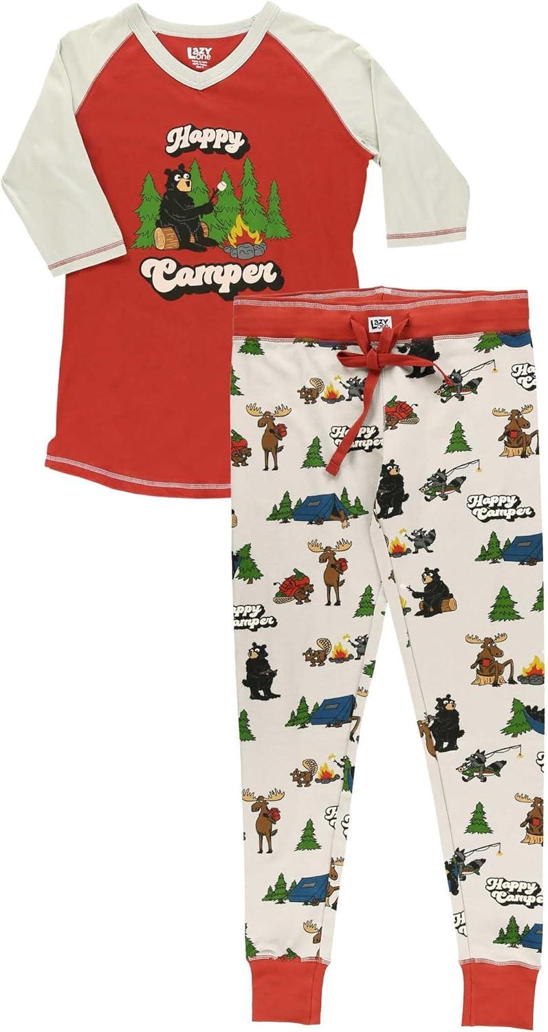 imageLazy One Womens Soft Casual Pajama Leggings and Tall Tee Sets With Cute Fun Prints Cute Womens Pajama SetsHappy Camper Pajama Set