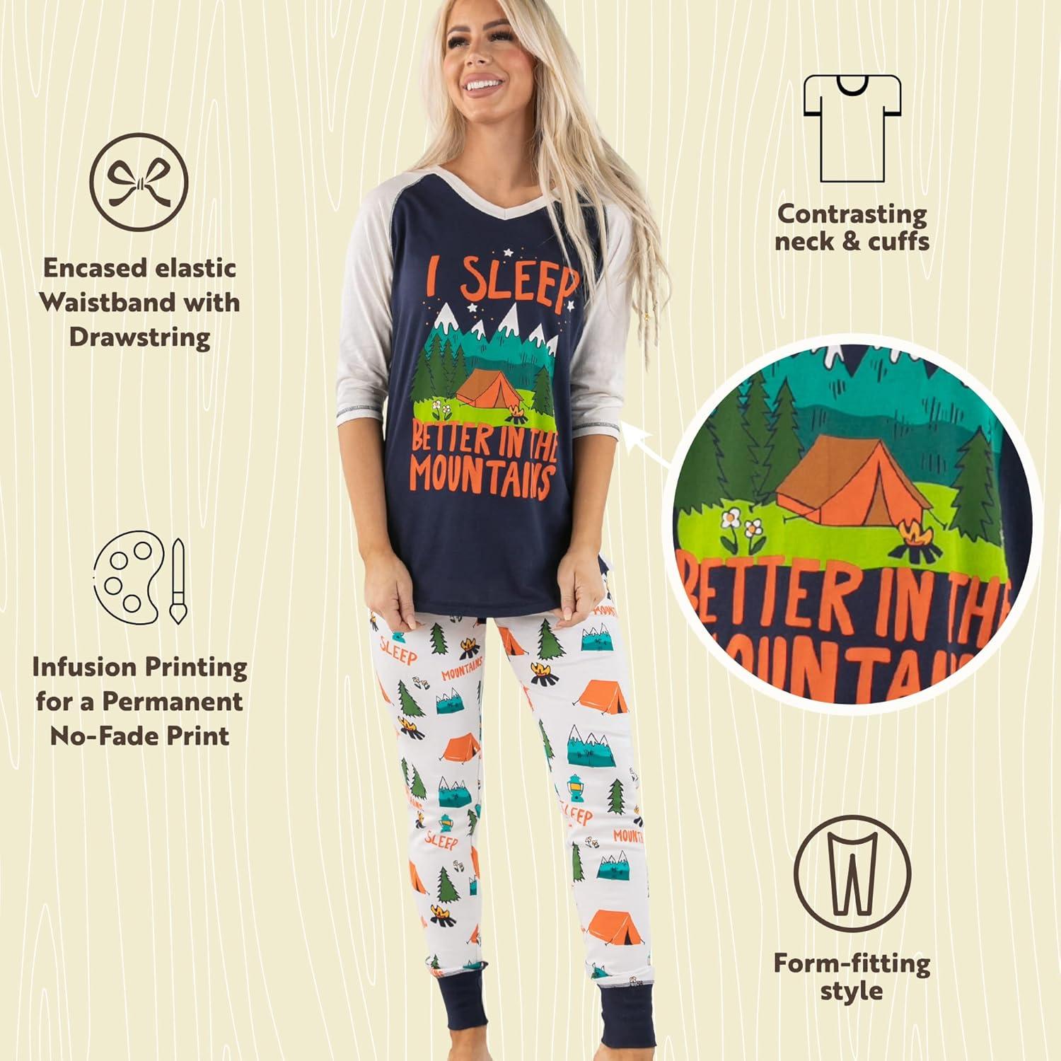 imageLazy One Womens Soft Casual Pajama Leggings and Tall Tee Sets With Cute Fun Prints Cute Womens Pajama SetsSleep in Mtn Pajama Set