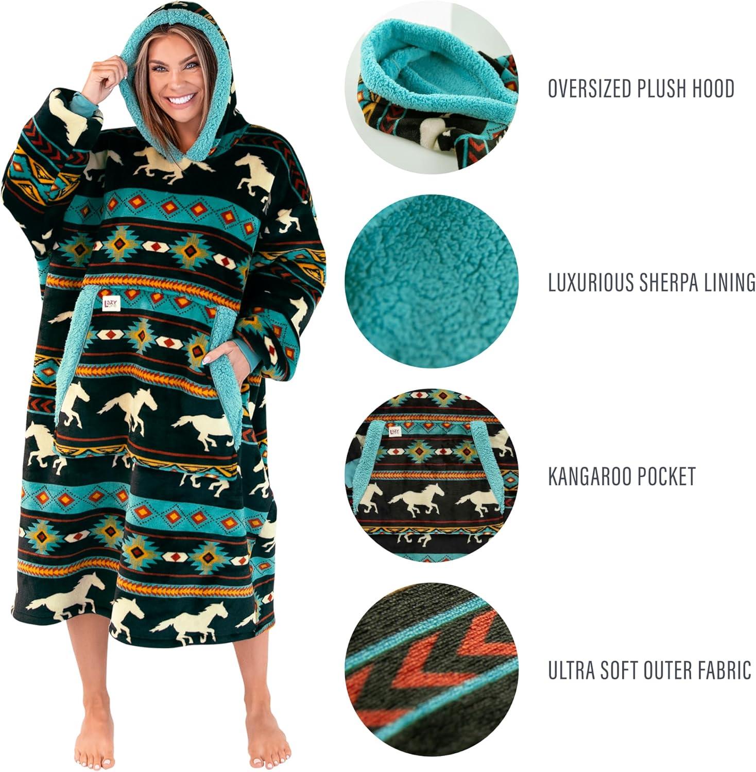 imageLazyOne Oversized Blanket Hoodie Oversized Hoodies for Women and Men One Size Fits All Wearable BlanketsHorse Fair Isle