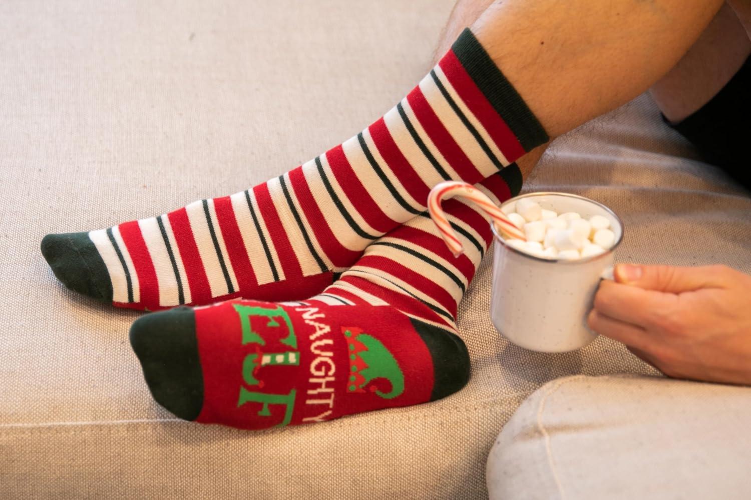 imageLazyOnes Men and Womens Novelty Crew Socks Funny Gifts For Men and Women Christmas SocksNaughty Elf