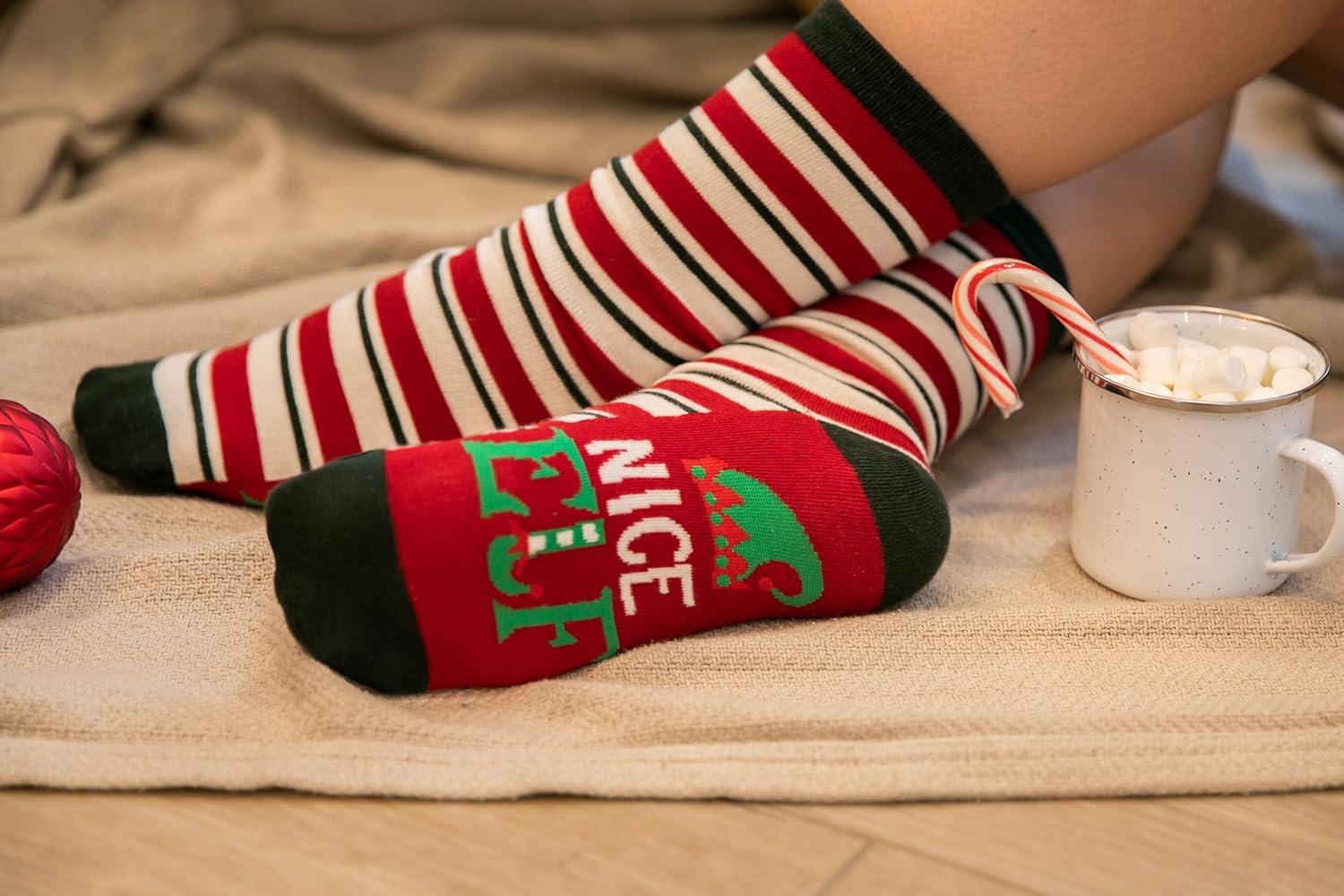 imageLazyOnes Men and Womens Novelty Crew Socks Funny Gifts For Men and Women Christmas SocksNice Elf
