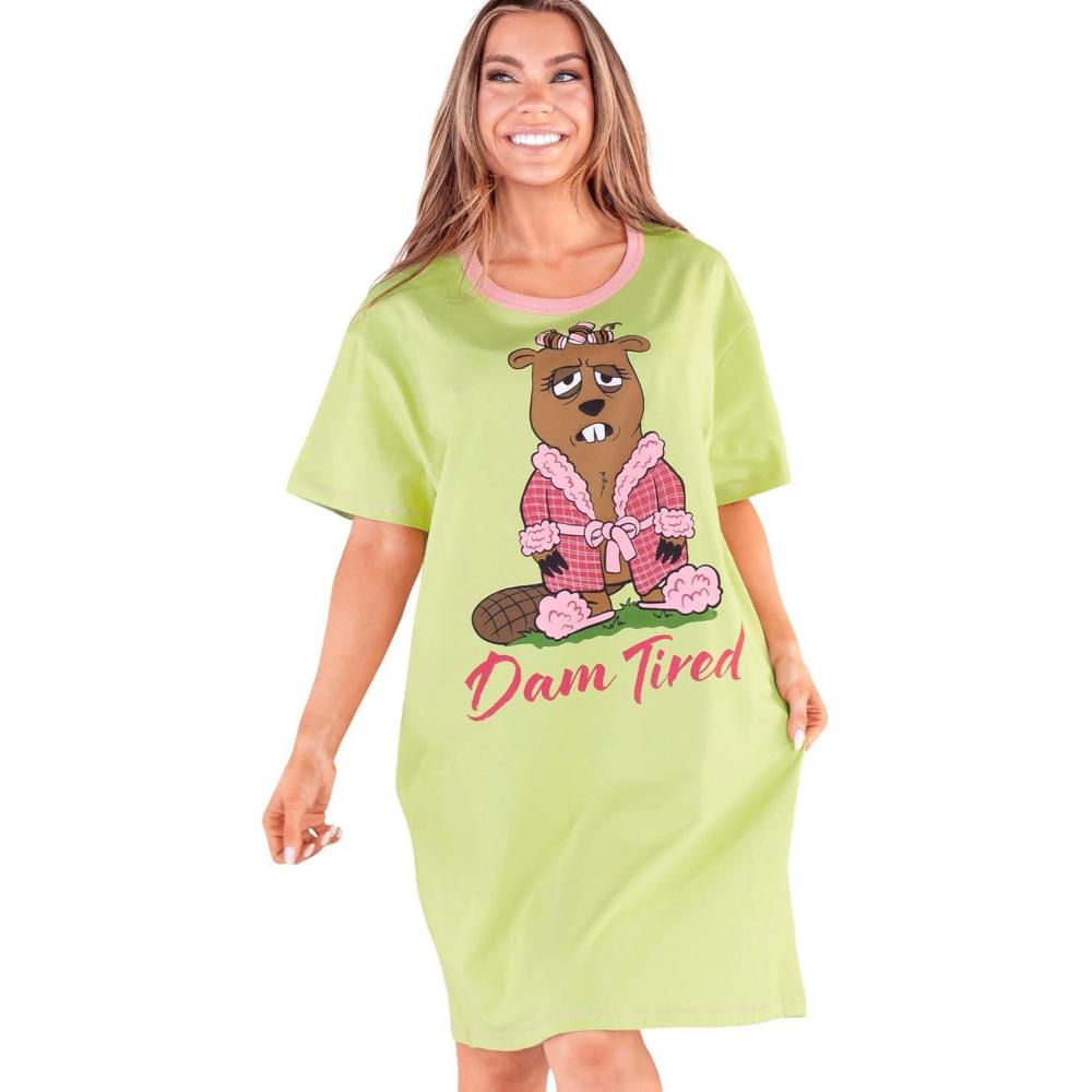 imageLazy One Nightshirts for Women Cute Nightgown for Women Animal DesignsDam Tired Beaver Nightshirt