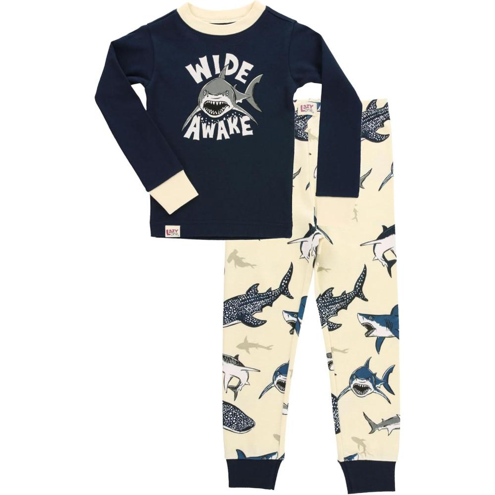 imageLazy One Warm LongSleeve PJ Sets for Girls and Boys Funny Animal Kids Pajama Sets Cozy ComfyWide Awake Shark Pajama Sets