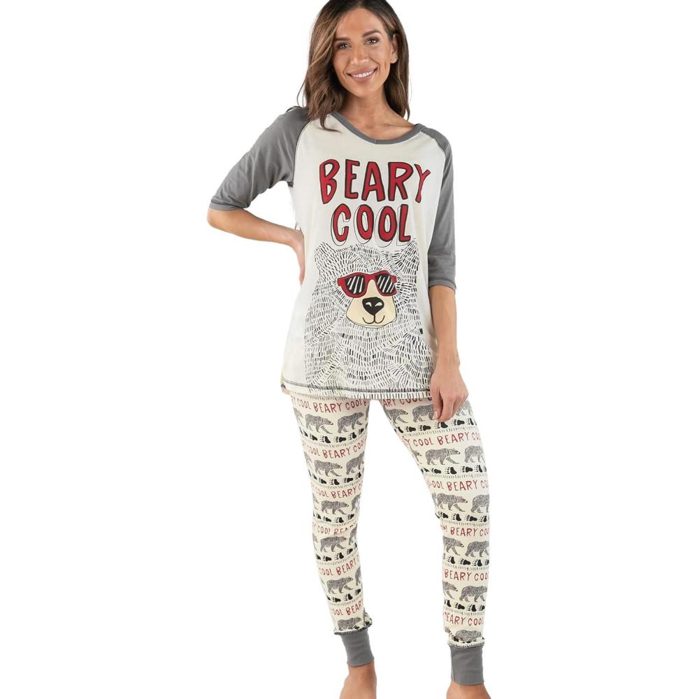 imageLazy One Womens Soft Casual Pajama Leggings and Tall Tee Sets With Cute Fun Prints Cute Womens Pajama SetsBeary Cool Pajama Set
