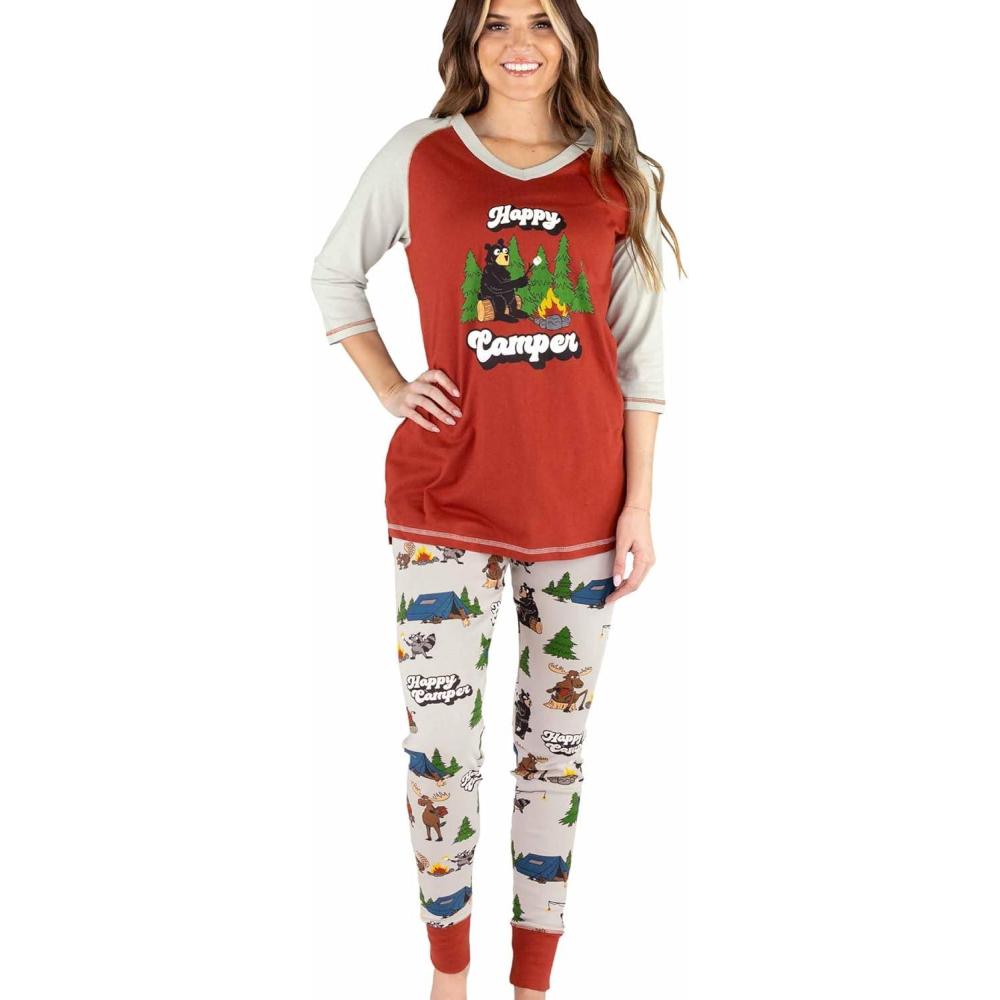 imageLazy One Womens Soft Casual Pajama Leggings and Tall Tee Sets With Cute Fun Prints Cute Womens Pajama SetsHappy Camper Pajama Set