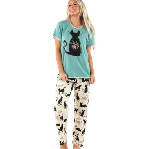 imageLazy One Womens Pajama Set Short Sleeves with Cute Prints Relaxed Fit Dog and Cat PrintsCat Nap Blue Pajama Set