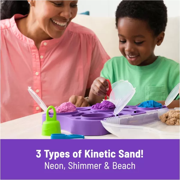 Kinetic Sand Mermaid Palace Playset Over 2lbs of Shimmer Play Sand Neon Purple Shimmer Teal and Beach Sand Reusable Folding Sandbox and Tools Sensory Toys for Kids Ages 3 and upVariety Case