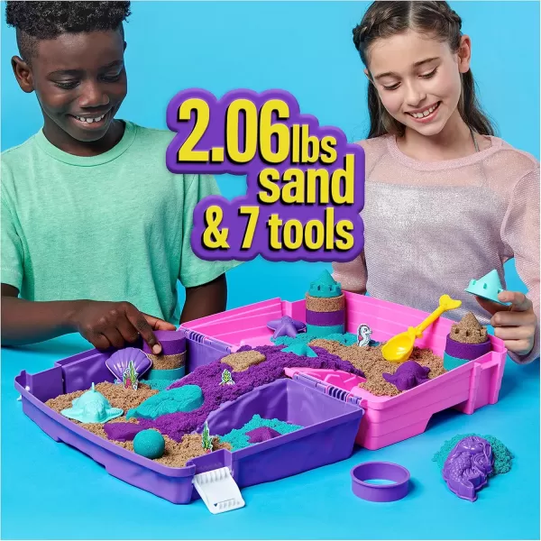 Kinetic Sand Mermaid Palace Playset Over 2lbs of Shimmer Play Sand Neon Purple Shimmer Teal and Beach Sand Reusable Folding Sandbox and Tools Sensory Toys for Kids Ages 3 and upMermaid Palace