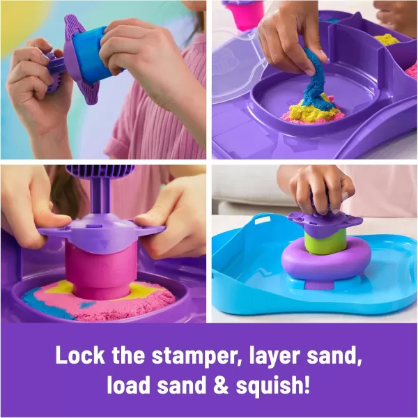 Kinetic Sand SquishMotion Playset with 1lb Pink Yellow Blue Play Sand Stamper ampamp 5 Tools Reusable Storage Case Sensory Toys for Kids Ages 5Squish Motion Playset