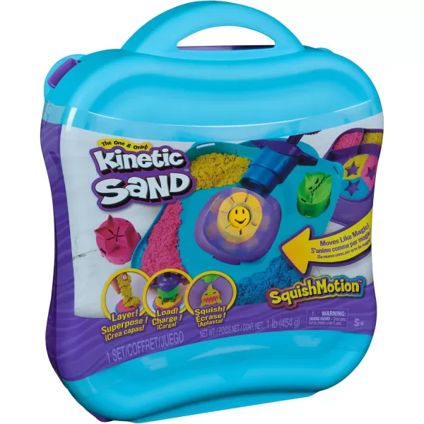 Kinetic Sand SquishMotion Playset with 1lb Pink Yellow Blue Play Sand Stamper ampamp 5 Tools Reusable Storage Case Sensory Toys for Kids Ages 5Squish Motion Playset