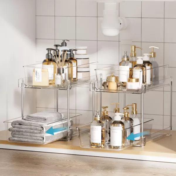 2 Tier Bathroom Storage Organizer Vtopmart 4 Pack Clear Under Sink Organizers Vanity Counter Storage Container Medicine Cabinet Drawers Bins PullOut Organization with Track for Pantry Kitchen