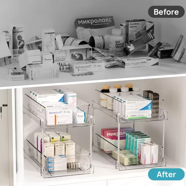 2 Tier Bathroom Storage Organizer Vtopmart 4 Pack Clear Under Sink Organizers Vanity Counter Storage Container Medicine Cabinet Drawers Bins PullOut Organization with Track for Pantry Kitchen