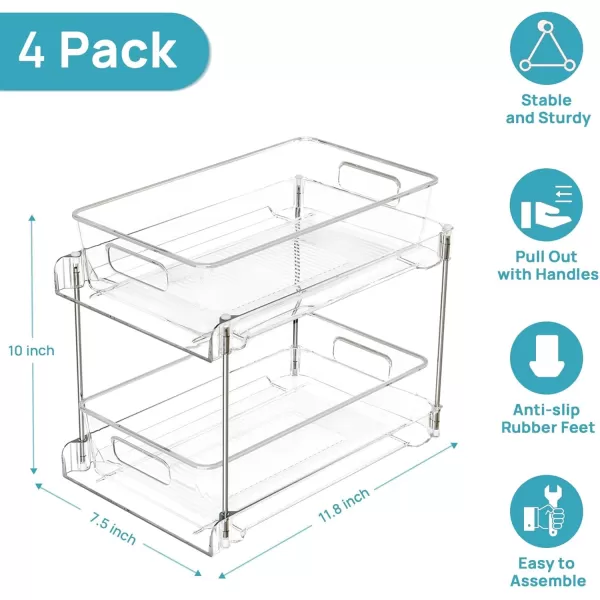 2 Tier Bathroom Storage Organizer Vtopmart 4 Pack Clear Under Sink Organizers Vanity Counter Storage Container Medicine Cabinet Drawers Bins PullOut Organization with Track for Pantry Kitchen