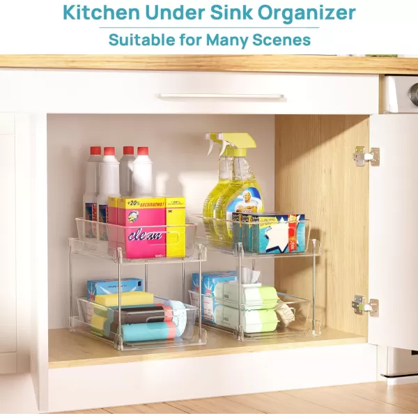 2 Tier Bathroom Storage Organizer Vtopmart 4 Pack Clear Under Sink Organizers Vanity Counter Storage Container Medicine Cabinet Drawers Bins PullOut Organization with Track for Pantry Kitchen