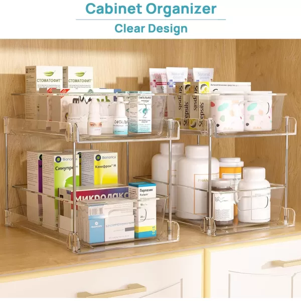 2 Tier Bathroom Storage Organizer Vtopmart 4 Pack Clear Under Sink Organizers Vanity Counter Storage Container Medicine Cabinet Drawers Bins PullOut Organization with Track for Pantry Kitchen