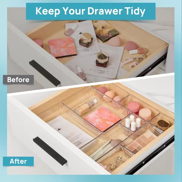 Vtopmart 10 Pcs Drawer Organizer Set 4 Size Vanity Organizer Plastic Tray Clear Acrylic Drawer Organizer Storage Bins Makeup organizer and storage for Bathroom Jewelry Cosmetics Gadgets