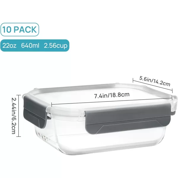 Vtopmart 10Pack 22oz Glass Food Storage Containers with Lids Meal Prep Containers Airtight Lunch Containers Bento Boxes with Snap Locking Lids for Microwave Oven Freezer and Dishwasher