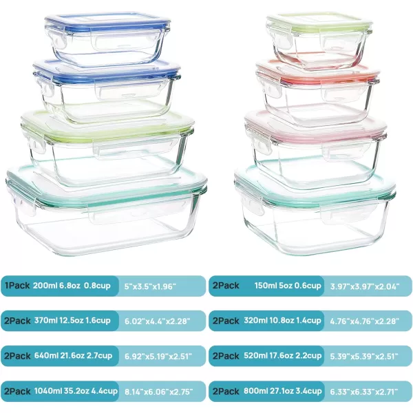Vtopmart 15 Pack Glass Food Storage Containers with Lids Glass Meal Prep Containers Airtight Glass Bento Boxes with Leak Proof Locking Lids for Microwave Oven Freezer and Dishwasher BPA FreeMulticolor