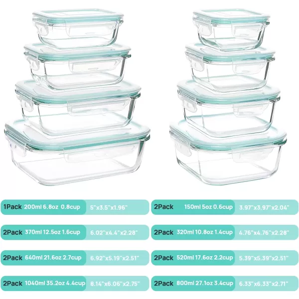 Vtopmart 15 Pack Glass Food Storage Containers with Lids Glass Meal Prep Containers Airtight Glass Bento Boxes with Leak Proof Locking Lids for Microwave Oven Freezer and Dishwasher BPA FreeGreen