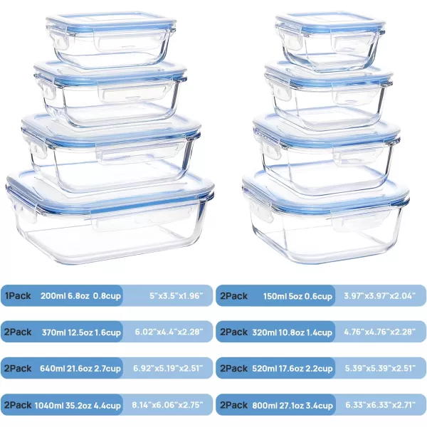 Vtopmart 15 Pack Glass Food Storage Containers with Lids Glass Meal Prep Containers Airtight Glass Bento Boxes with Leak Proof Locking Lids for Microwave Oven Freezer and Dishwasher BPA FreeBlue
