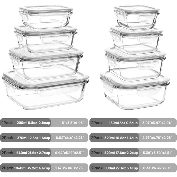 Vtopmart 15 Pack Glass Food Storage Containers with Lids Glass Meal Prep Containers Airtight Glass Bento Boxes with Leak Proof Locking Lids for Microwave Oven Freezer and Dishwasher BPA FreeGrey