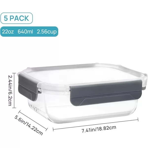 Vtopmart 5 Pack 22oz Glass Food Storage Containers with Lids Meal Prep Containers Airtight Lunch Containers Bento Boxes with Snap Locking Lids for Microwave Oven Freezer and Dishwasher