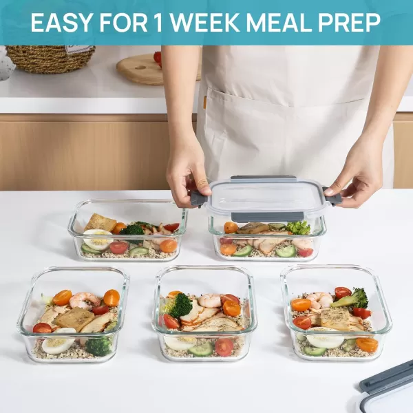 Vtopmart 5 Pack 35oz Glass Food Storage Containers with Lids Meal Prep Containers Airtight Lunch Containers Bento Boxes with Snap Locking Lids for Microwave Oven Freezer and Dishwasher