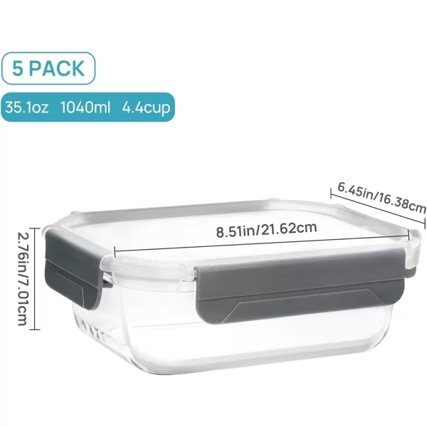 Vtopmart 5 Pack 35oz Glass Food Storage Containers with Lids Meal Prep Containers Airtight Lunch Containers Bento Boxes with Snap Locking Lids for Microwave Oven Freezer and Dishwasher